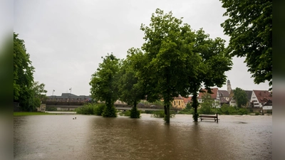 Es regnet und regnet: Im bayerischen Lauingen ist die Donau über die Ufer getreten. (Foto: Stefan Puchner/dpa)
