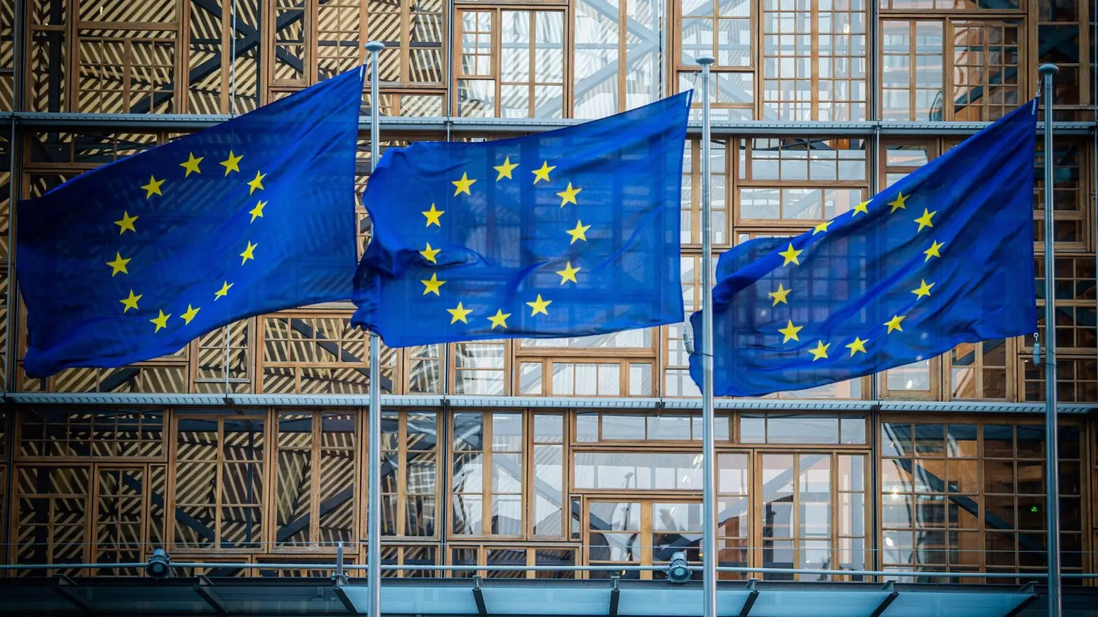 Flaggen der Europäischen Union vor dem Europa-Gebäude in Brüssel. Die Wirtschaft in der EU wird in diesem Jahr nach einer Prognose der EU-Kommission langsamer wachsen als zuletzt erwartet. (Foto: Arne Immanuel Bänsch/dpa)
