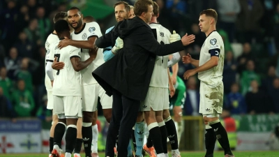 Bundestrainer Julian Nagelsmann gratuliert seinen Spielern nach dem Schlusspfiff auf dem Platz. (Foto: Christian Charisius/dpa)