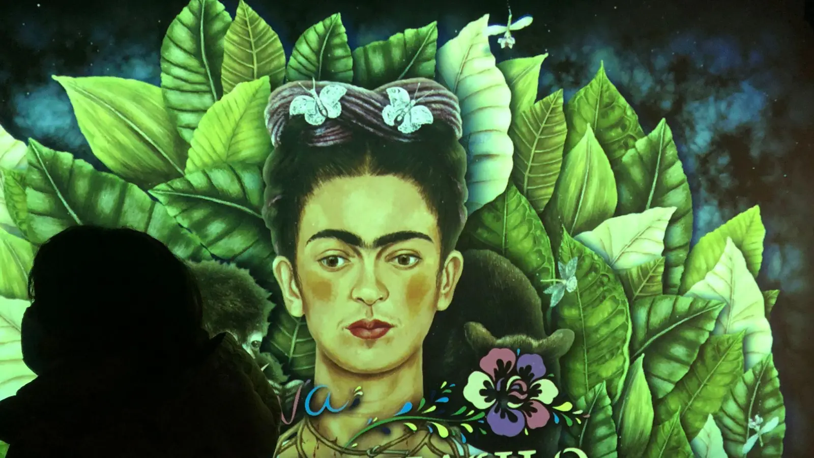 Kunstwerke der Künstlerin Frida-Kahlo werden in der „Viva Frida Kahlo“-Show von Projektoren an die Wände geworfen. (Foto: Christiane Oelrich/dpa/Archivbild)