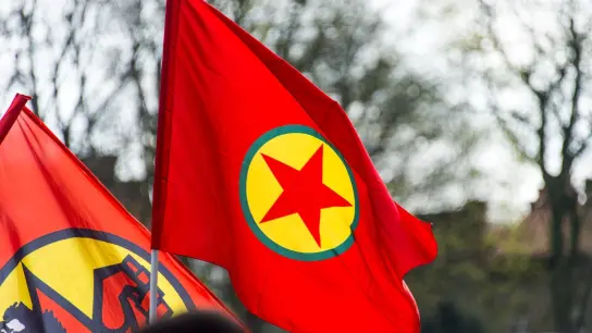 Die Fahne der auch in Deutschland verbotenen kurdischen Arbeiterpartei PKK auf einer Demonstration in Hamburg (Archivbild). (Foto: picture alliance / dpa)