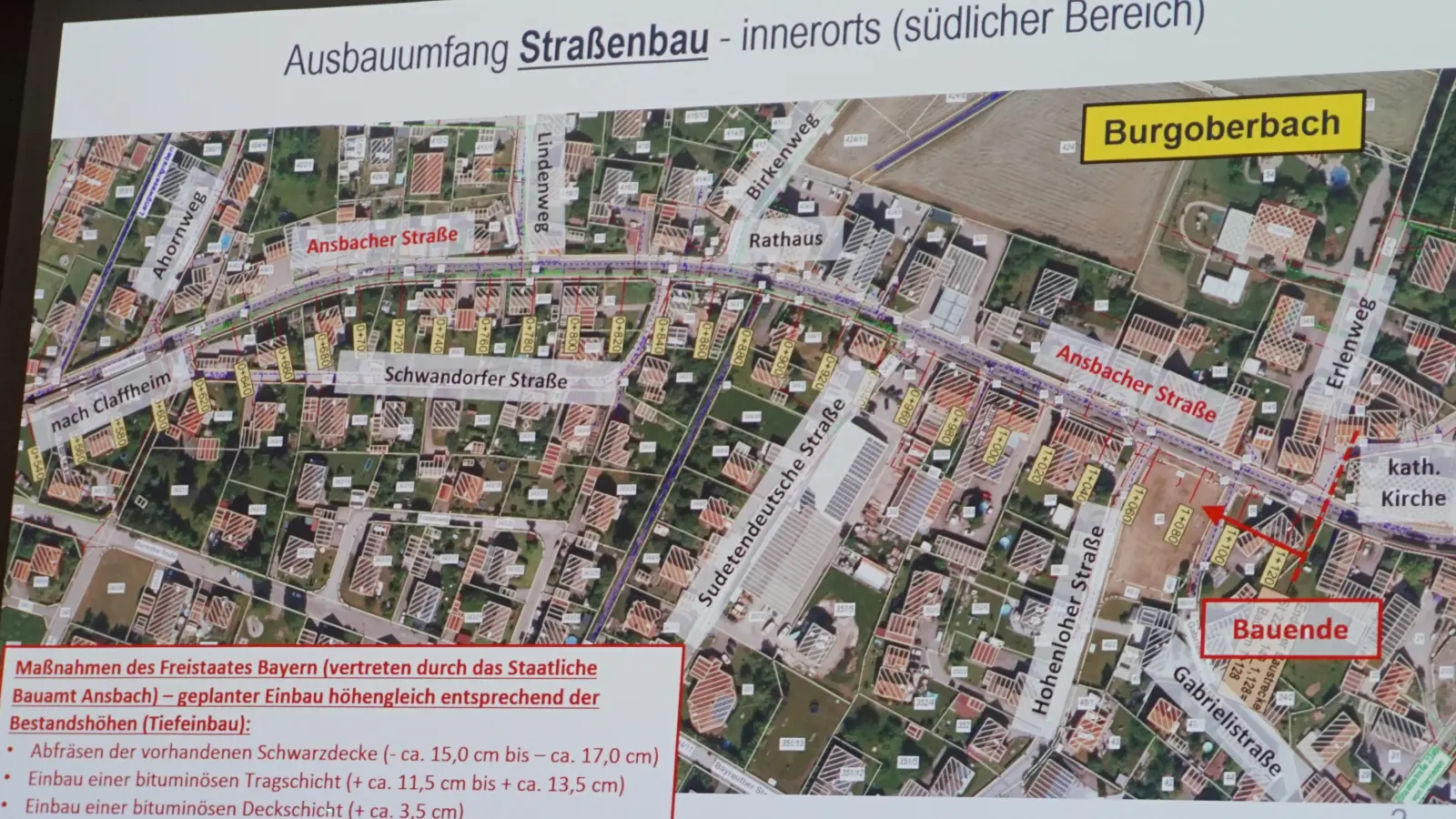 Der Plan zeigt den Umfang des geplanten Ausbaus der Ansbacher Straße im Kernort. Quelle: Staatliches Bauamt / (Präsentation: Büro Völker)