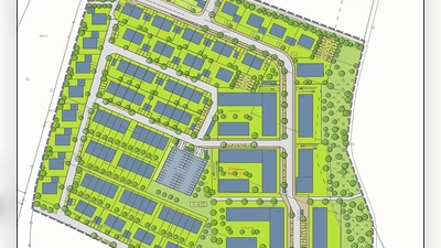 So sieht der erste Entwurf des geplanten Wohngebiets am Weinbergplateau aus: Auf der Nordseite stehen Einfamilienhäuser, Richtung Wald drei- bis viergeschossige Mehrfamilienhäuser. (Grafik: Stadtplanung Ansbach)