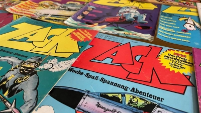 Alte Hefte der Comic-Reihe „Zack“. Am 13. April 1972 erschien die Zeitschrift zum ersten Mal. (Foto: Christof Bock/dpa-Zentralbild/dpa)