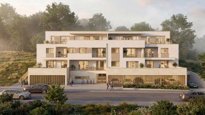 So wird die Wohnanlage an der Grenzstraße nach ihrer Fertigstellung von Süden aus aussehen. <br>Wohnungen Wohnbauprojekt Wohnbebauungen (Grafik: art schneider architekten PartGmbB)
