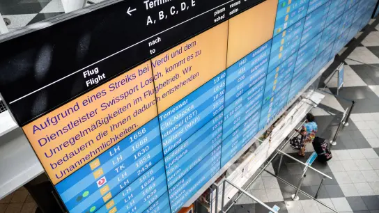 Auf einer Anzeigetafel wird auf Unregelmäßigkeiten im Flugbetrieb hingewiesen. (Foto: Matthias Balk/dpa)
