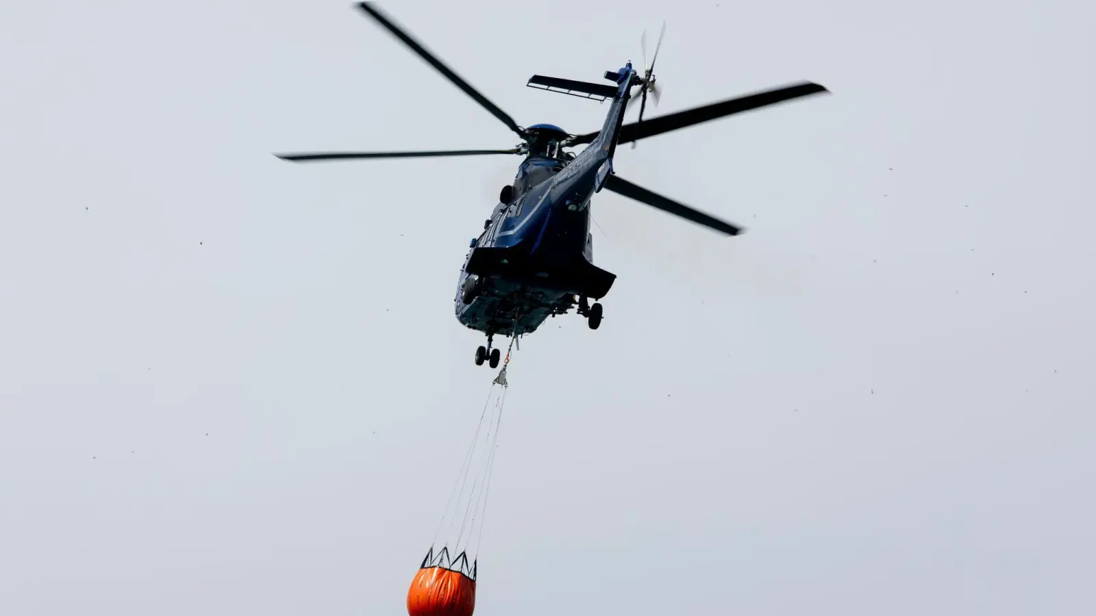 Ein Löschhubschrauber der Bundespolizei fliegt über dem Zeithainer Tagebau und nimmt Wasser auf, um den Waldbrand Gohrischheide zu bekämpfen. (Foto: Daniel Wagner/dpa)