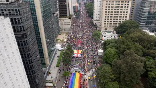 Tausende von Teilnehmenden marschieren während der jährlichen Gay Pride Parade in Sao Paulo. Im Juni wird weltweit der Pride Monat gefeiert. (Foto: Andre Penner/AP/dpa)