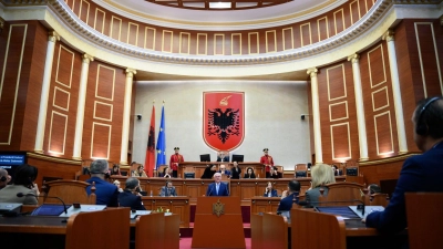 Bundespräsident Frank-Walter Steinmeier hält vor den Abgeordneten im Parlament von Albanien ein Rede. (Foto: Bernd von Jutrczenka/dpa)