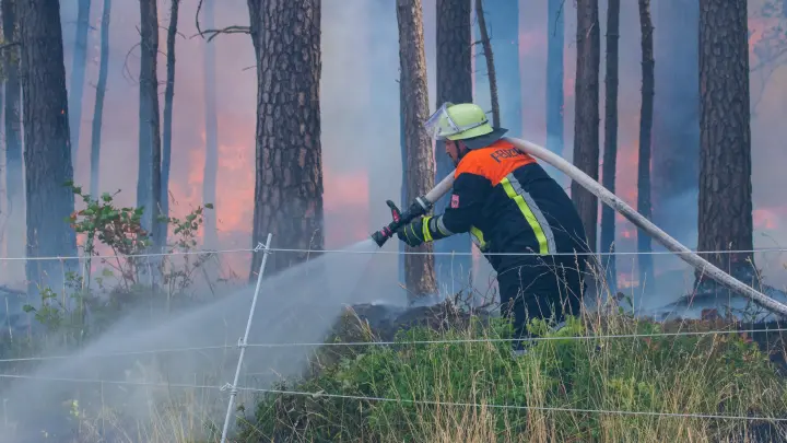 Ein Feuerwehrmann bekämpft den Waldbrand bei Kleinsteinach im vergangenen Juli. Im Jahr 2022 gab es im Landkreis besonders viele Brandeinsätze bei Feld- und Flächenfeuern. (Foto: Johann Schmidt)
