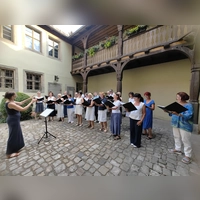 Unter Leitung von Diana Meyer trugen die Sängerinnen und Sänger von TonArt im Innenhof des Hauses der Geschichte sommerliche Lieder aus verschiedenen Zeitepochen vor.  (Foto: Julia Bergmeister)