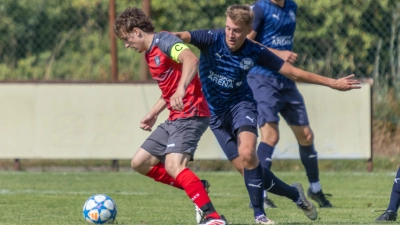 Bastian Stier und die SG Markt Bibart/Langenfeld (in Rot) feierte gegen den TSV Neustadt den ersten Saisonsieg. Kilian Rupp und die SG Neuhof/Trautskirchen (in Blau) unterlagen bei der SG Diespeck/Münchsteinach. (Foto: Markus Zahn)