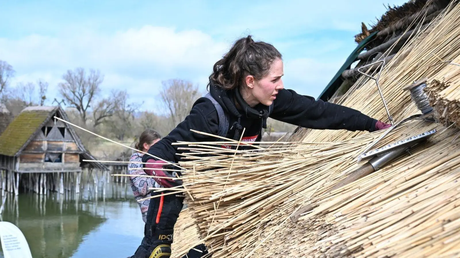 Bald zu begutachten: Dachdeckerin Moira Memmhardt verarbeitet bündelweise Reet auf einem der Häuser des Pfahlbaumuseums in Unteruhldingen am Bodensee. (Foto: Felix Kästle/dpa)