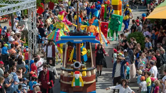Eine bunte Parade zieht durch den Freizeitpark Legoland. (Foto: Stefan Puchner/dpa)