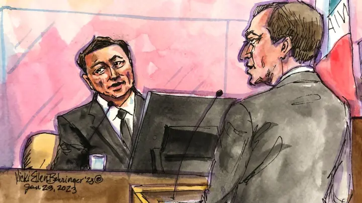 Auf dieser Gerichtssaal-Skizze ist der Unternehmer Elon Musk (l) mit Aktionärsanwalt Nicholas Porritt im Bundesgericht in San Francisco zu sehen. (Foto: Vicki Behringer/AP/dpa)