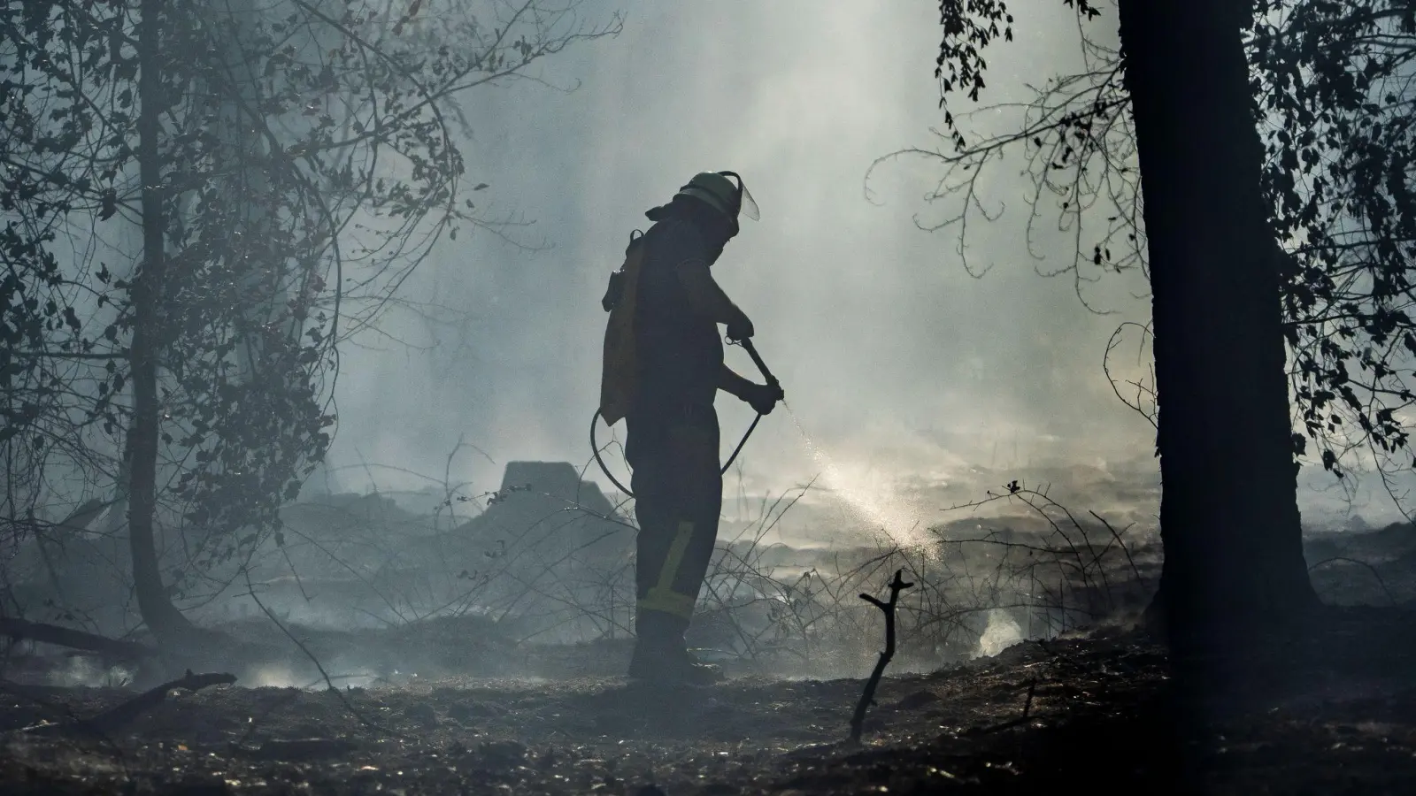 Feuerwehrleute kämpfen gegen einen  Waldbrand in Hessen knapp vor der bayerischen Grenze.   (Foto: Andreas Arnold/dpa)