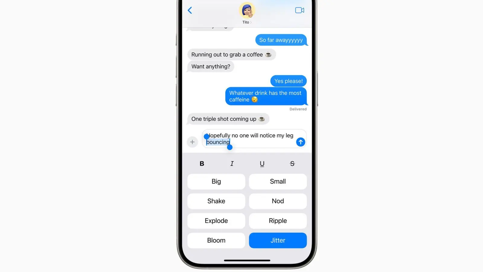 Zittern ist nur einer von vielen Spezialeffekten, die sich zusätzlich ab iOS18 in iMessage nutzen lassen. (Foto: Apple Inc./dpa-tmn)