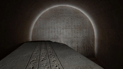 Die Südwand der Grabkammer und der Deckel des Sarkophags von Djehutiemhet: Tschechische Forscher haben ein reich verzierte Grab entdeckt. (Foto: Petr Kosarek/Tschechisches Institut für Ägyptologie/Karls-Universität/dpa)