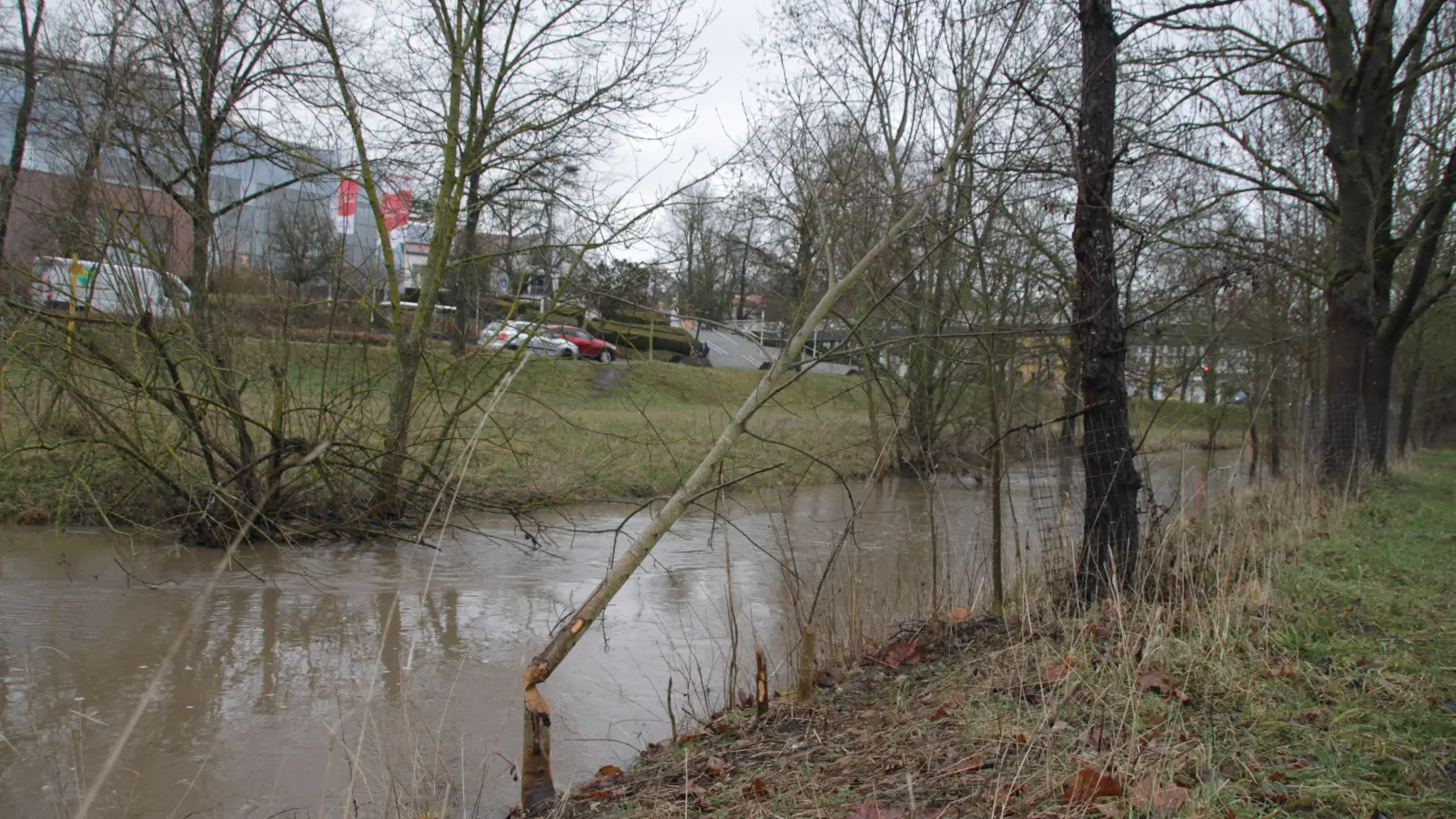 Die Rezat in Ansbach war am Donnerstagmorgen schon ziemlich voll. Weil die Pegel weiter stiegen, hatte die Stadt für einige Zeit den Rezatparkplatz gesperrt. (Foto: Robert Maurer)