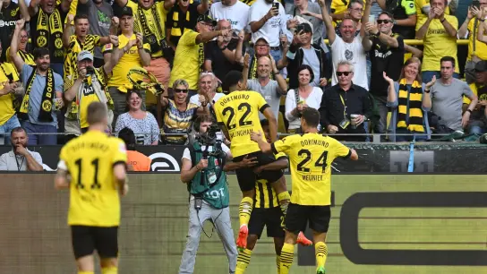 Dortmunds Spieler jubeln nach dem Tor zum 1:0 gegen Bayer Leverkusen. (Foto: Bernd Thissen/dpa)