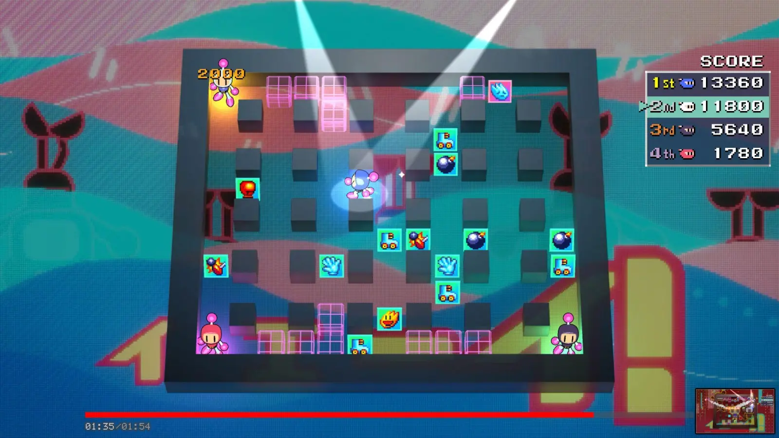 Kleiner Bomber im Spotlight: So wird in „Amazing Bomberman“ klar, welcher Spieler gerade vorne liegt. (Foto: Konami/Apple Inc./dpa-tmn)