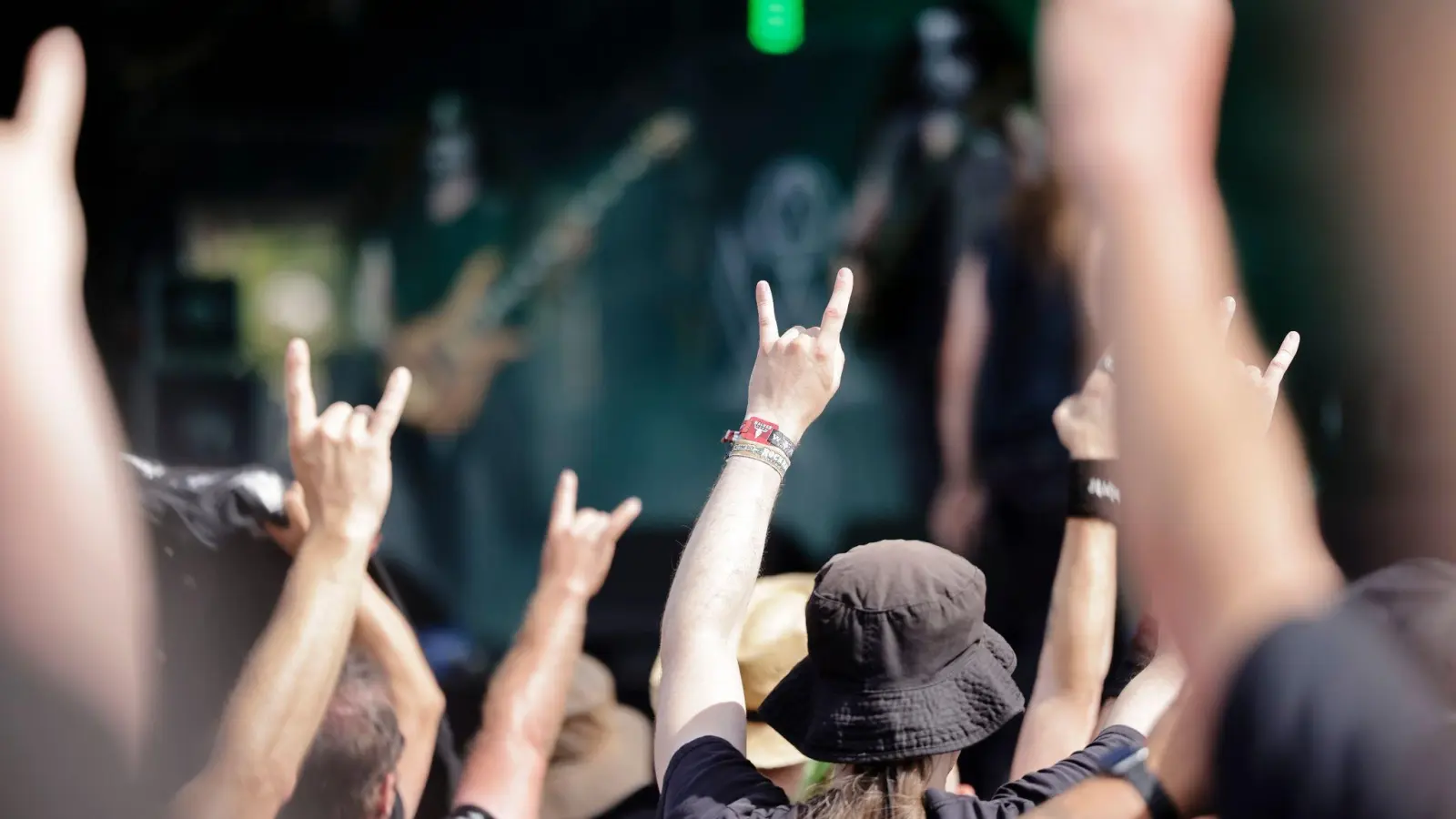 „Pommesgabeln“: Metal-Fans tanzen während eines Auftritts der Band Mythraeum aus den USA vor der Bühne. (Foto: Frank Molter/dpa)