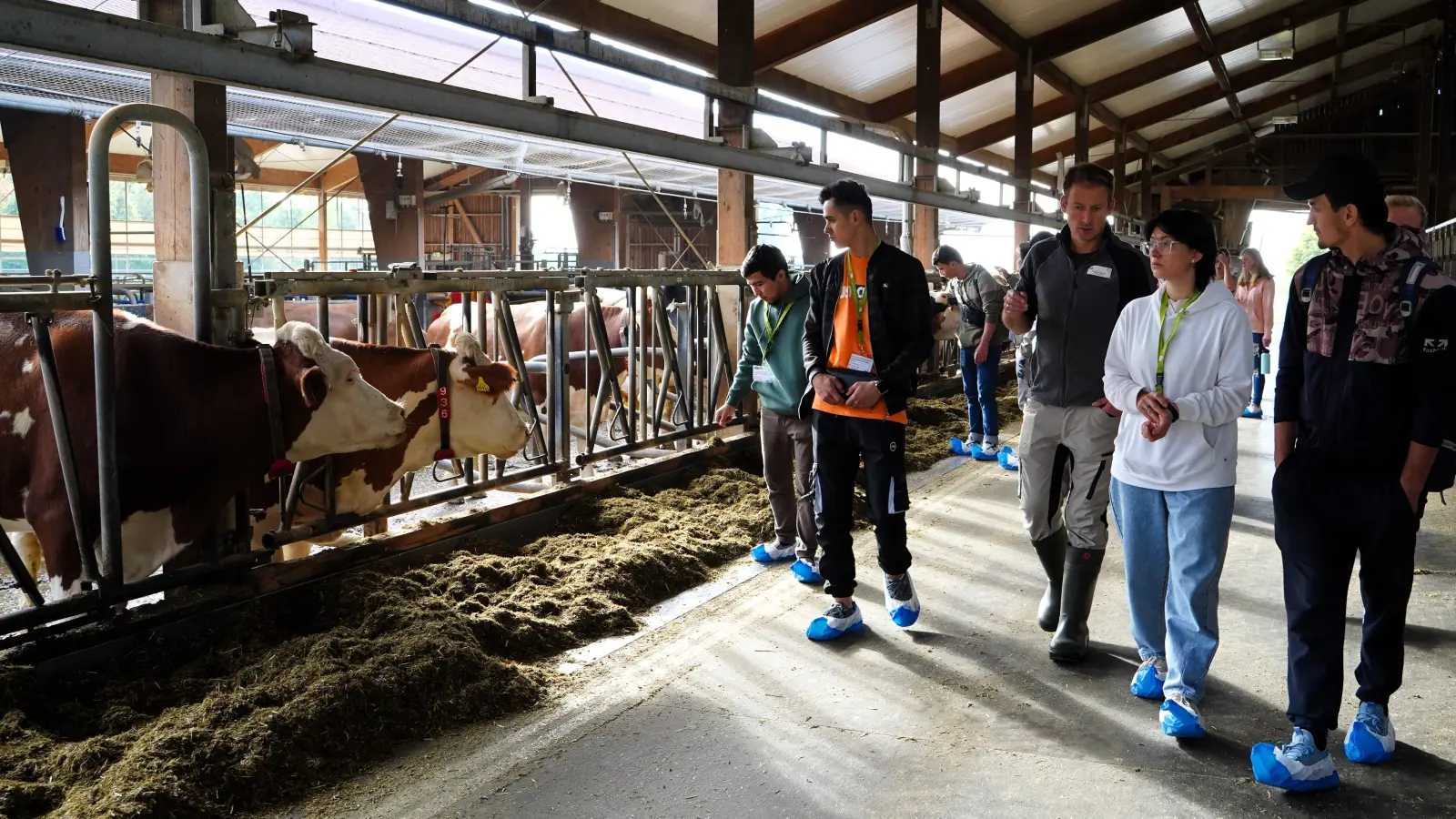 Johannes Kraus (Mitte) führt die Praktikantinnen und Praktikanten durch den Triesdorfer Betrieb. Sie alle haben einen landwirtschaftlichen Hintergrund und arbeiten für einige Monate auf deutschen Höfen. (Foto: Simone Hedler)