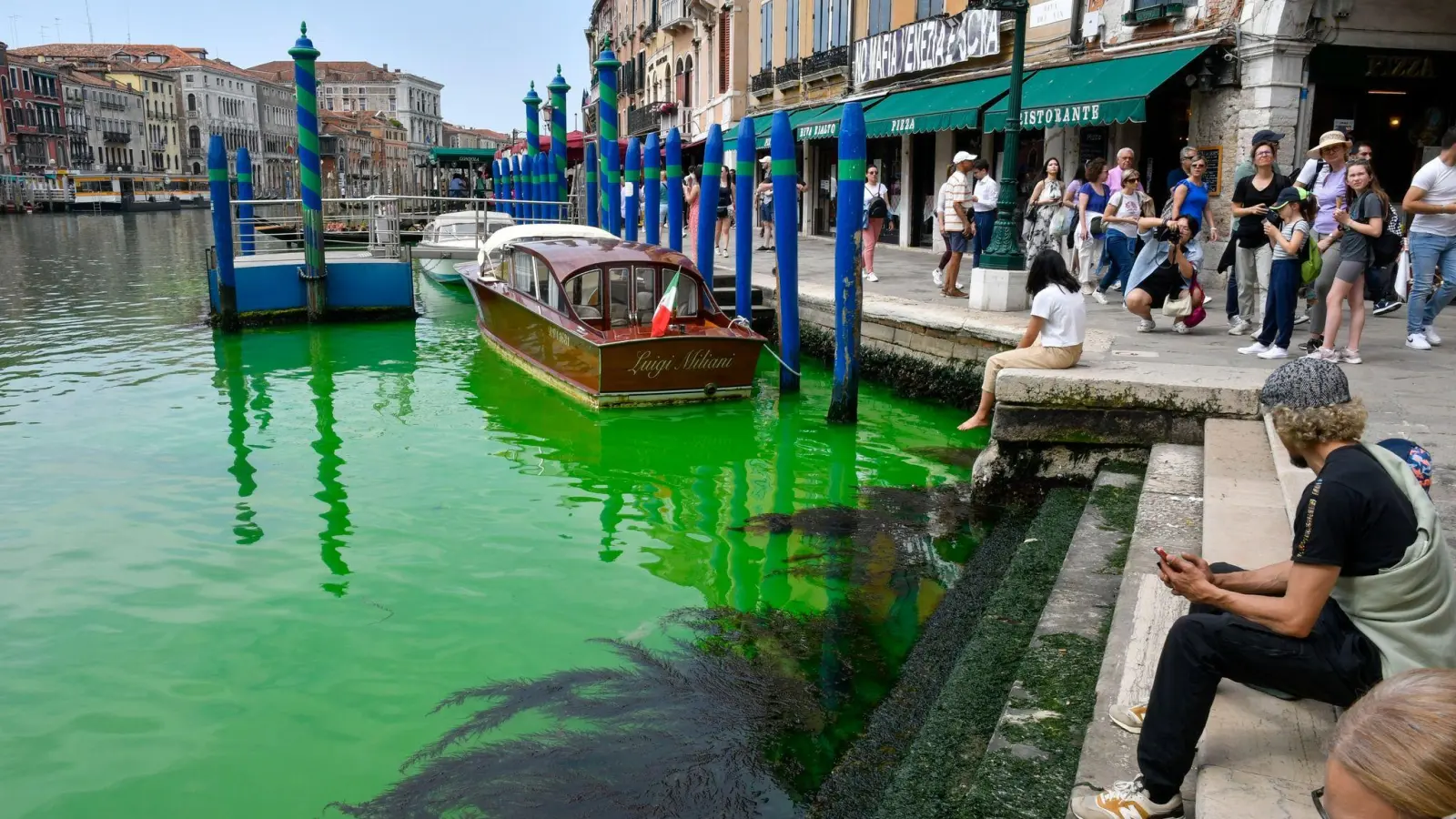 Eine grün schimmernde Flüssigkeit im berühmten Canal Grande von Venedig hat für Aufregung in der Lagunenstadt gesorgt. (Foto: Luigi Costantini/AP/dpa)