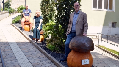 Kunst mit gewissen Vorzügen: Auch zum Anlehnen oder als gemütlicher Sitzplatz eignen sich die drei Pilze am Uffenheimer Rathaus – finden auch Thomas Schmitt, Helga Kerwagen und Thomas Siebert (von rechts).  (Foto: Johannes Zimmermann)