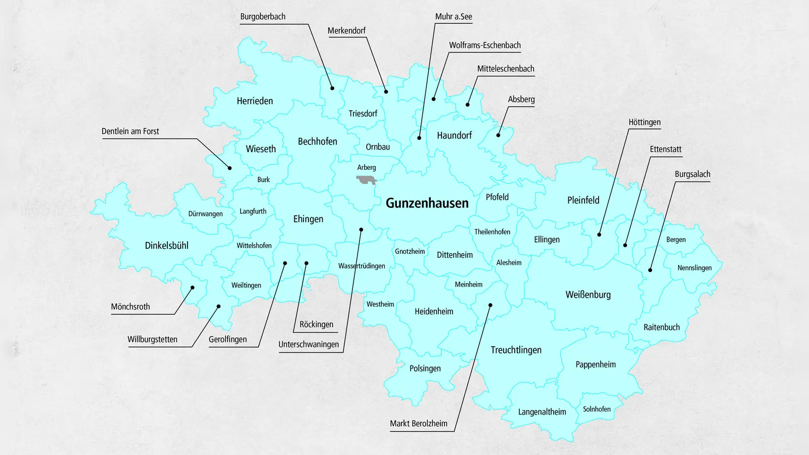 Der Stimmkreis Ansbach-Süd - Weißenburg/Gunzenhausen zur Landtagswahl 2023: Wer hier als Direktkandidat zur Wahl steht, sehen Sie auch in unserer Bildergalerie. (Grafik: Susanne Pfahler)