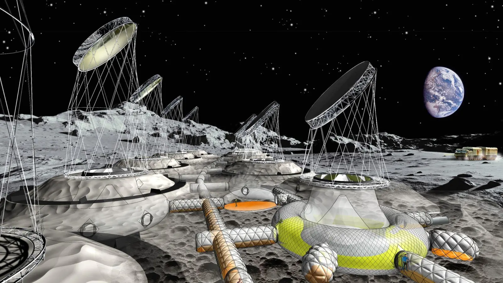 Die Illustration zeigt die Vision einer zukünftigen Mondsiedlung. (Foto: Thomas Herzig/Pneumocell/dpa)