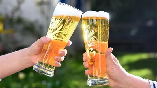 Mit Bier gefüllte Gläser stoßen zwei Personen an. (Foto: Bernd Weißbrod/dpa/Symbolbild)