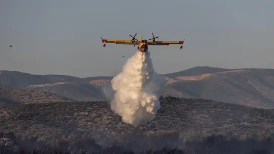 Ein Flugzeug versucht, einen Waldbrand in einem Wald in der Nähe der Stadt Mandra im Westen Attikas zu löschen. (Foto: Lefteris Partsalis/XinHua/dpa)