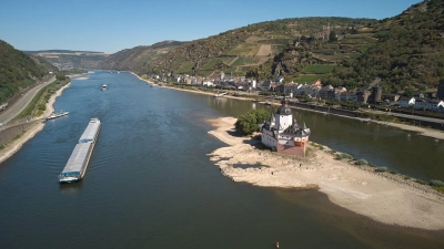 Ein Schubverband passiert die Zollburg Pfalzgrafenstein am Mittelrhein bei Kaub. In Kaub wird einer der wichtigsten Bezugspegel für die Rheinschifffahrt am Mittelrhein gemessen. (Foto: Thomas Frey/dpa)