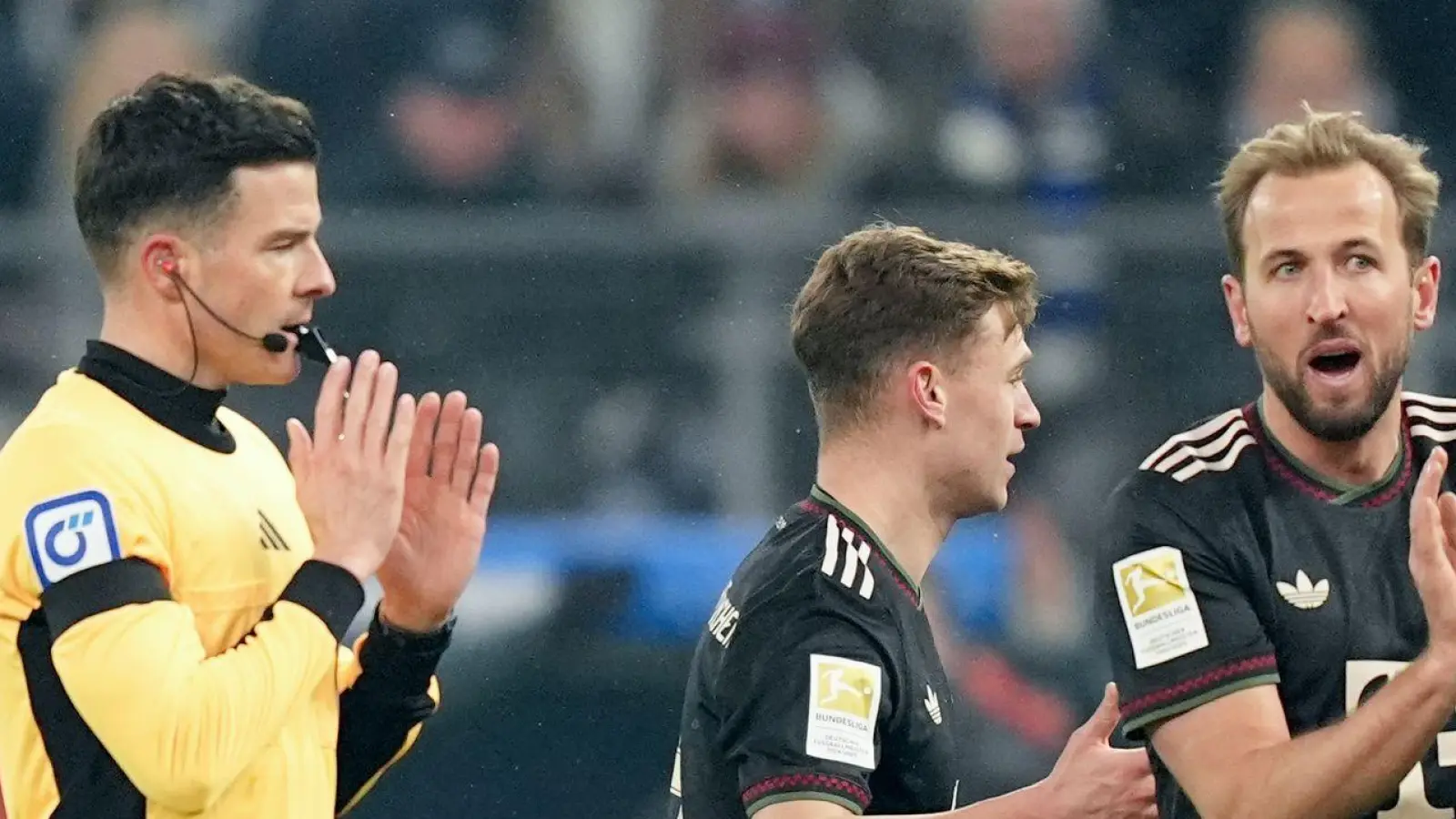 Schiedsrichter Harm Osmers und die Bayern-Profis Harry Kane (l) und Joshua Kimmich. (Foto: Marcus Brandt/dpa)