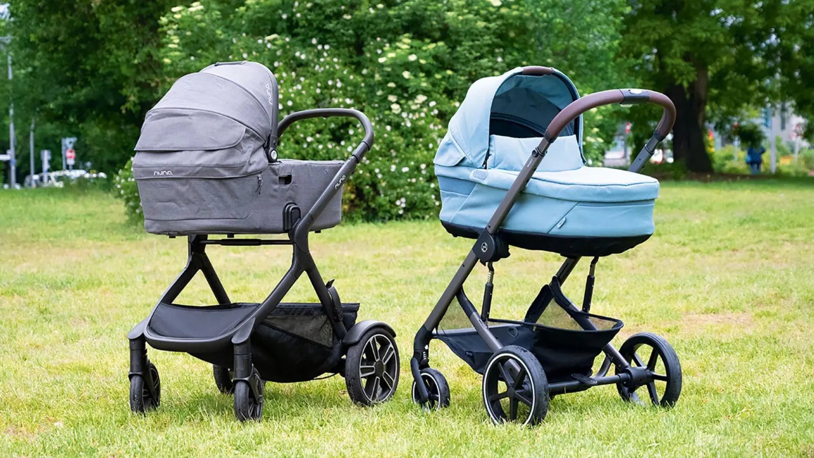 Der „Nuna Demi next“ (l) und der „Cybex Ballos S Lux“ sind mit der Note 2,8 die Testsieger unter den Kombi-Kinderwagen. (Foto: Stiftung Warentest/dpa-tmn)