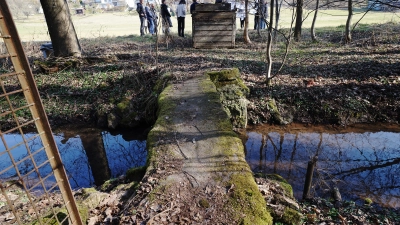 Hier: im Vordergrund der „Laubendorfer Ruhstein”, der über dem Altbuchbach liegt; im Hintergrund die Teilnehmenden der „Inbetriebnahme” des Hörerlebniswegs. (Foto: Heinz Wraneschitz)