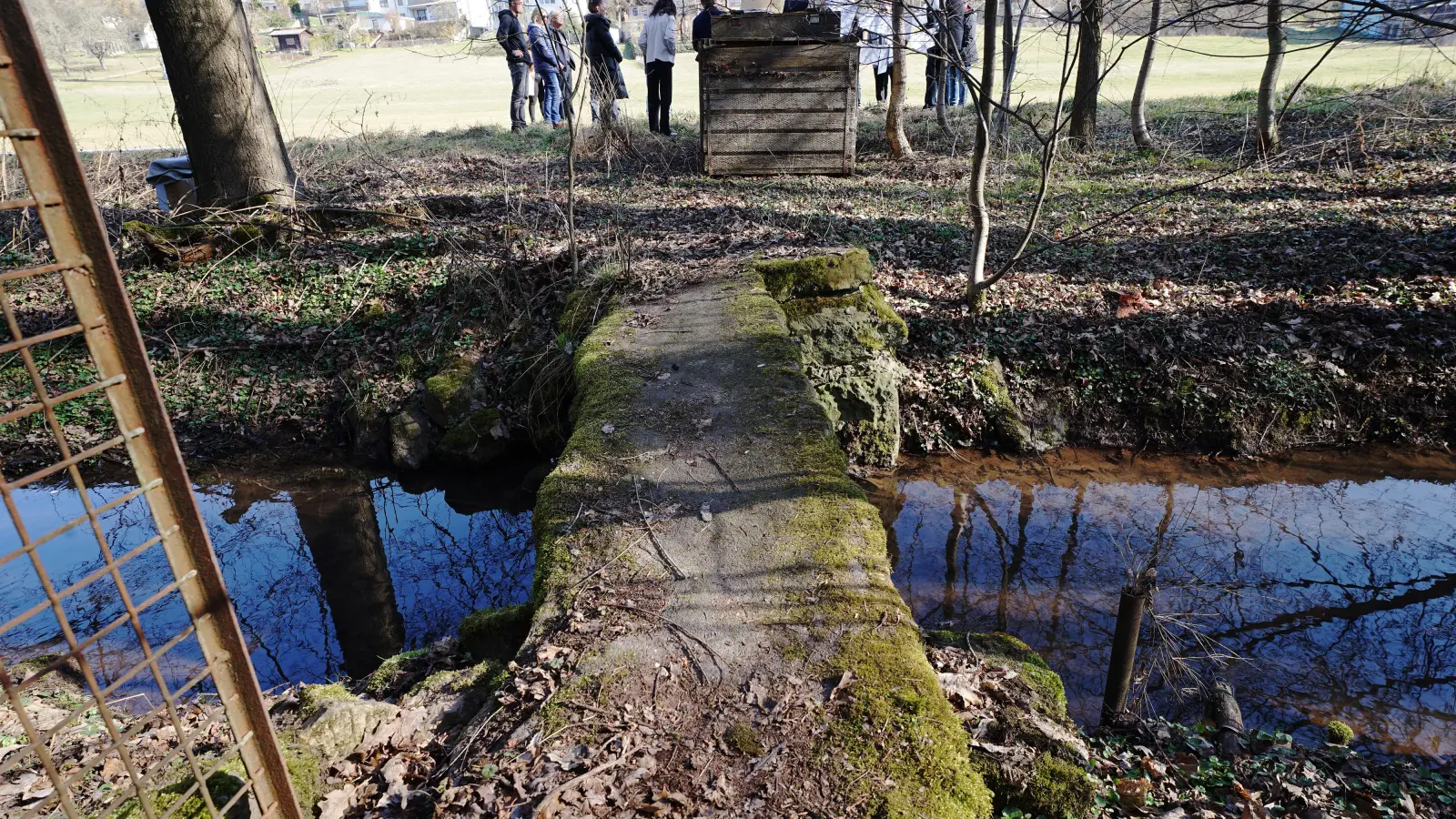 Hier: im Vordergrund der „Laubendorfer Ruhstein”, der über dem Altbuchbach liegt; im Hintergrund die Teilnehmenden der „Inbetriebnahme” des Hörerlebniswegs. (Foto: Heinz Wraneschitz)