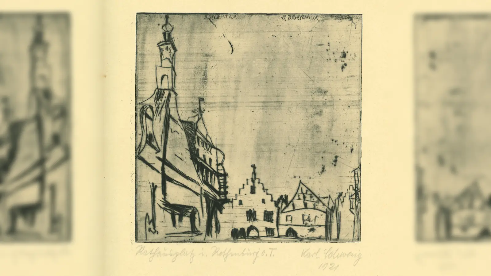 Rothenburger Rathaus Karl Schwesig<br>Karl Schwesigs Radierung von 1921 zeigt den Blick aus der Herrngasse zum Marktplatz. Am linken Rand ist der Giebel des ehemaligen Brothauses zu sehen. Foto: Anja Bergermann (Foto: Simone Hedler)