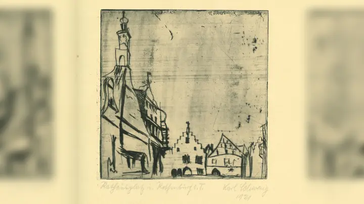 Rothenburger Rathaus Karl Schwesig<br>Karl Schwesigs Radierung von 1921 zeigt den Blick aus der Herrngasse zum Marktplatz. Am linken Rand ist der Giebel des ehemaligen Brothauses zu sehen. Foto: Anja Bergermann (Foto: Simone Hedler)