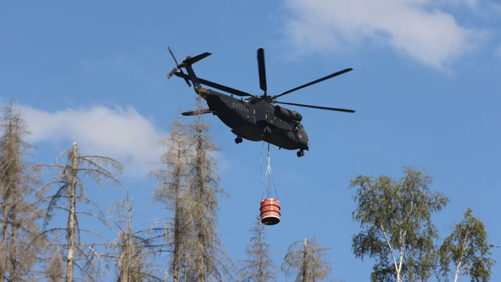 Hubschrauber der Bundeswehr unterstützen die Brandbekämpfung im Einsatzgebiet im Harz. (Foto: Matthias Bein/dpa)