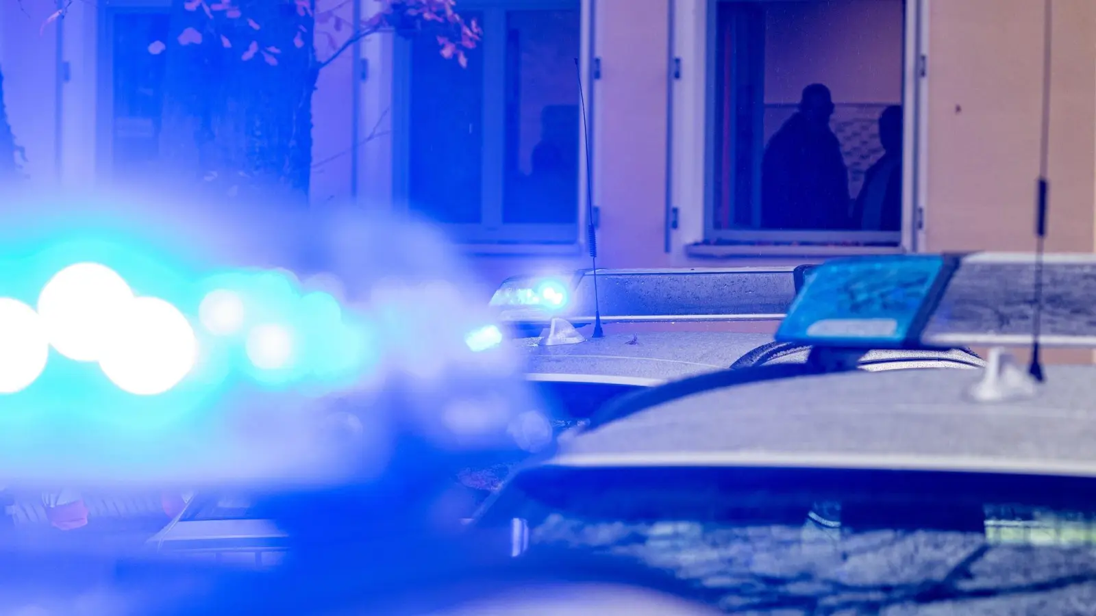 Polizeifahrzeuge stehen mit Blaulicht. (Foto: Armin Weigel/dpa/Symbolbild)