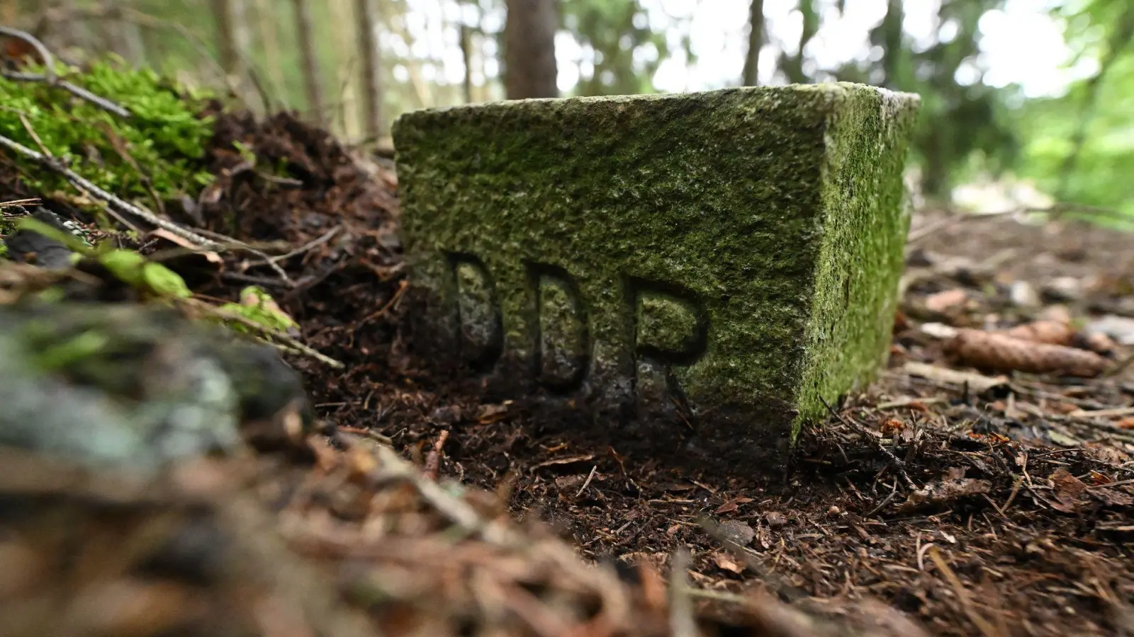 Ein Markstein erinnert an die frühere Grenze. (Archivbild) (Foto: Martin Schutt/dpa)