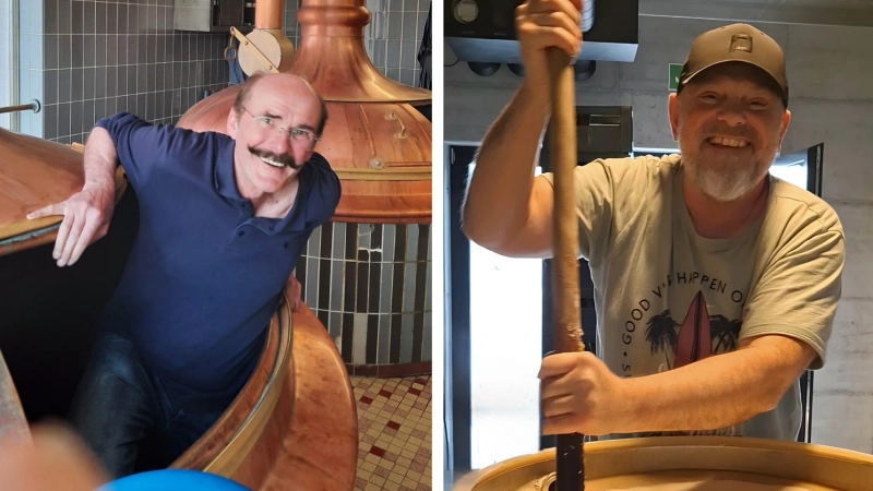 Jürgen Friedrich hat Spaß beim Reinigen des Sudkessels, Karl Willig hat sich das Rezept zu seinem Altstadtfestbier in einer Ausbildung entwickelt. (Fotos: Martin Lehr, privat)