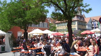 Anlässlich des Feuchtwanger Altstadtfests verwandelt sich der Marktplatz am kommenden Wochenende wieder in einen großen Biergarten. Das Foto entstand im vergangenen Jahr. (Archivfoto: Jasmin Kiendl)