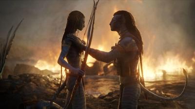 Sam Worthington als Jake Sully und Zoe Saldana als Neytiri in einer Szene des Films „Avatar 2: The Way Of Water”. (Foto: -/20th Century Studios/dpa)