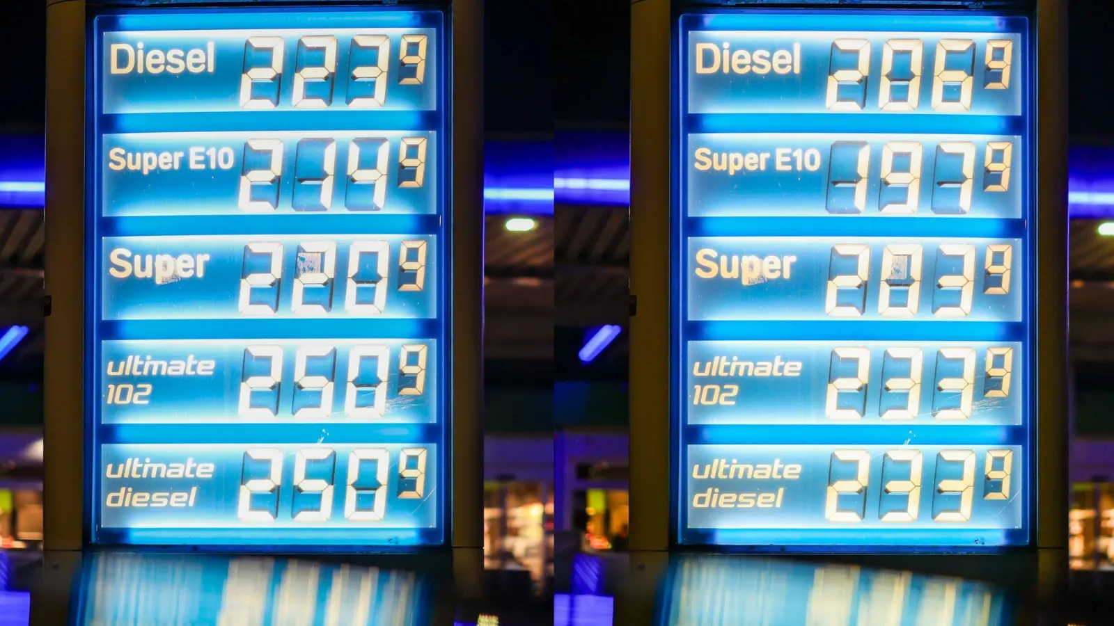 Um Mitternacht sind die Preise an vielen Tankstellen gefallen. Links ist der Preis fünf Minuten davor zu sehen, rechts kurz danach.  (Foto: Christoph Reichwein/dpa)