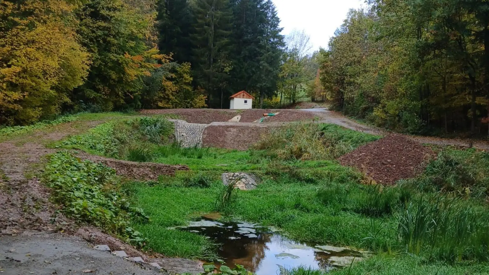 Zu den Maßnahmen, deren Kosten nun umzulegen sind, gehörte die Ertüchtigung der Abwasseranlage bei Faulenberg. Das Foto zeigt im Hintergrund das dortige Pumpenhäuschen mit den Klärteichen, die künftig als Rückhaltereservoire dienen sollen. (Foto: Stadt Schillingsfürst)