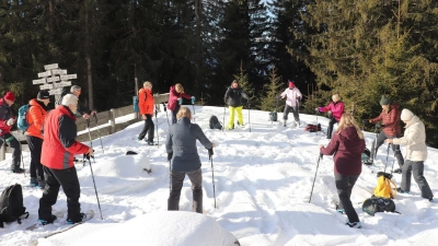 „Bewusstes Sein“ in der Bergluft Tirols: Gruppe beim Schneeschuh-Yoga im Karwendel. (Foto: Deike Uhtenwoldt/dpa-tmn)