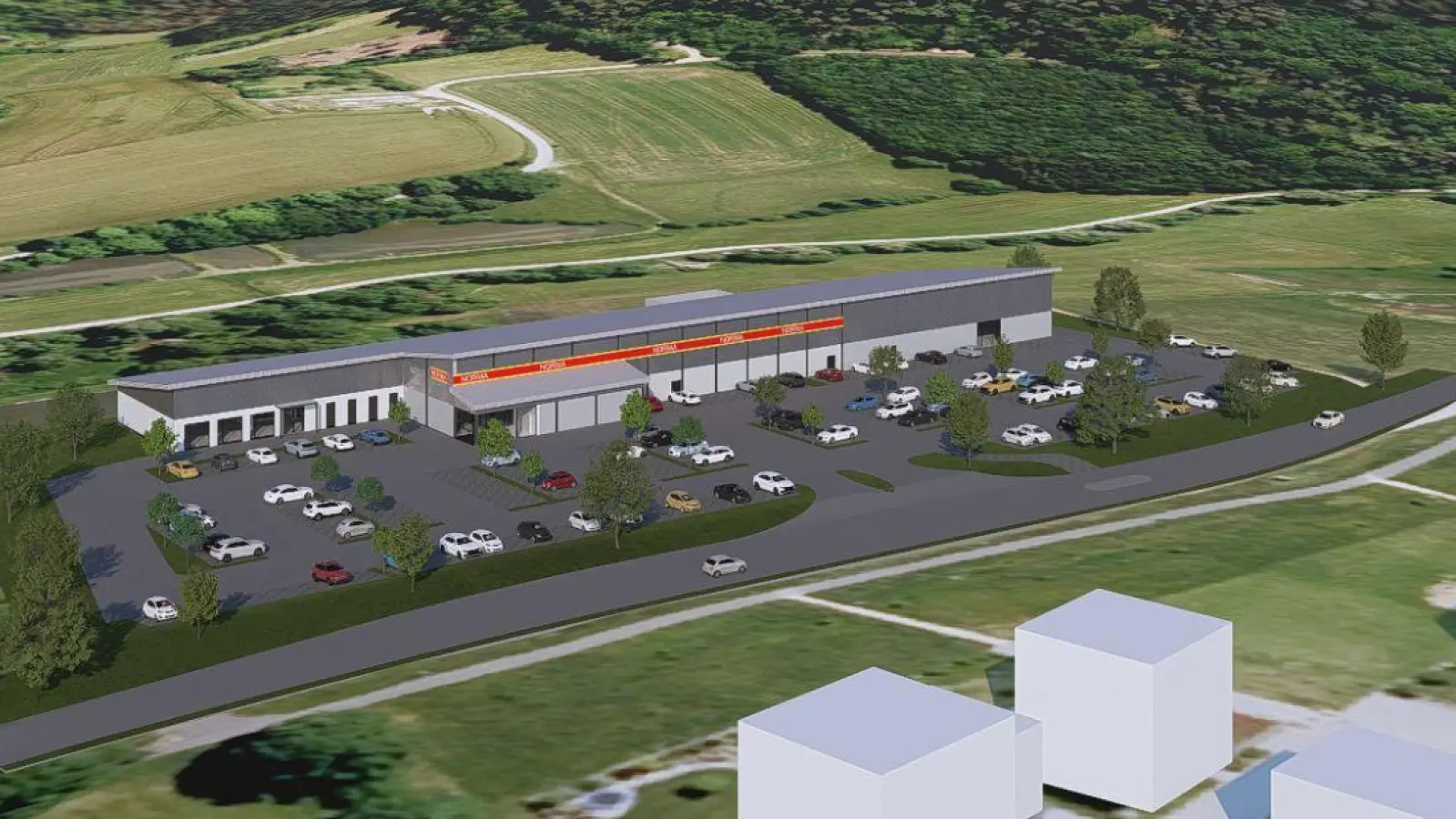 Die Visualisierung des geplanten Neubaus des Lebensmitteldiscounters wurde im Gemeinderat Emskirchen vorgestellt. (Skizze: Planungsbüro Imagine. bauart & design GmbH in Fürth)